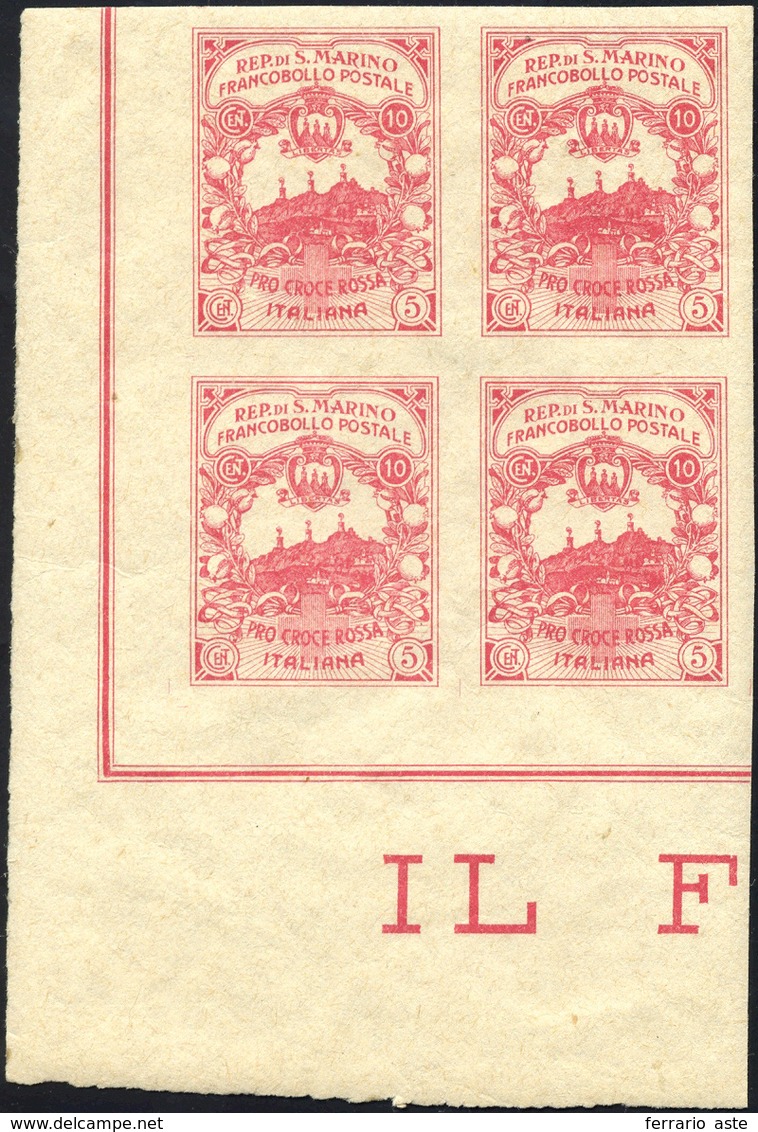 1907 1916 - 10 + 5 Cent. Pro Croce Rossa, Non Dentellato (CEI 50Aa, € 5.500), Blocco Di Quattro Angolo Di... - Altri & Non Classificati