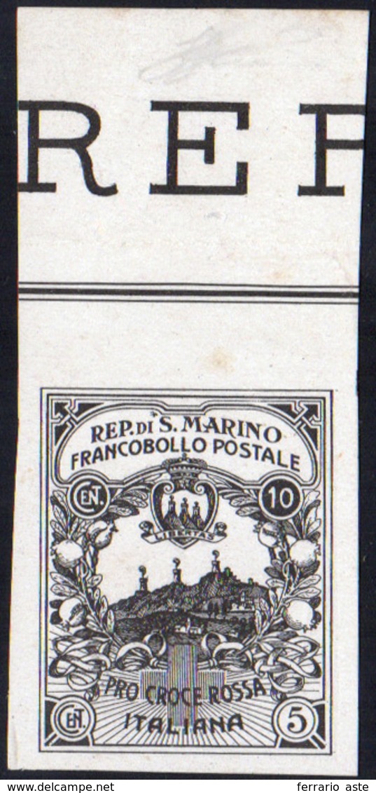 1909 1916 - 10 + 5 Cent. Croce Rossa, Prova Di Stampa In Nero, Non Dentellata (CEI P50A, € 1.250+), Bordo... - Andere & Zonder Classificatie
