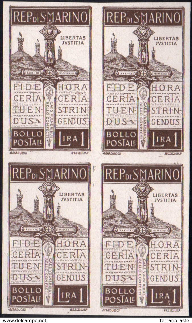 1911 1923 - 1 Lira Pro Volontari, Prova D'archivio In Blocco Di Quattro (P97), Perfetta. Molto Bella! Fer... - Otros & Sin Clasificación