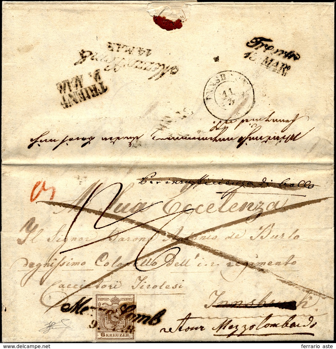 2020 AUSTRIA 1851 Ca. - 6 Kr. Bruno (4), Perfetto, Isolato Su Lettera Da Mezzo Lombardo 9/3, Indirizzata ... - Otros - Europa