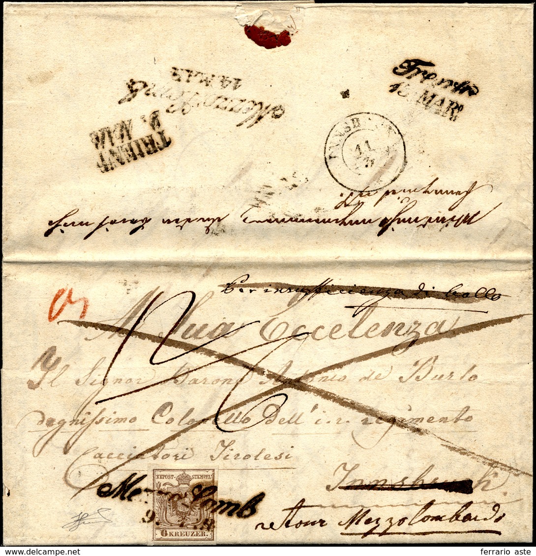 2020 AUSTRIA 1851 Ca. - 6 Kr. Bruno (4), Perfetto, Isolato Su Lettera Da Mezzo Lombardo 9/3, Indirizzata ... - Europe (Other)