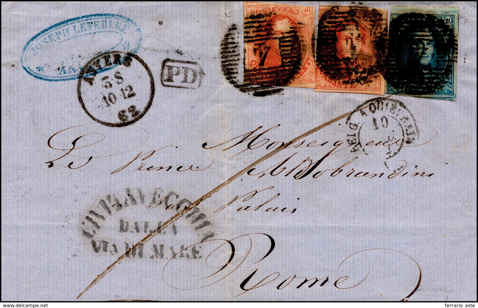 2039 BELGIO 1862 - 10 December 1862, Single Rate Letter From Anvers To Rome, Prepaid To Destination 1 Bel... - Sonstige - Europa