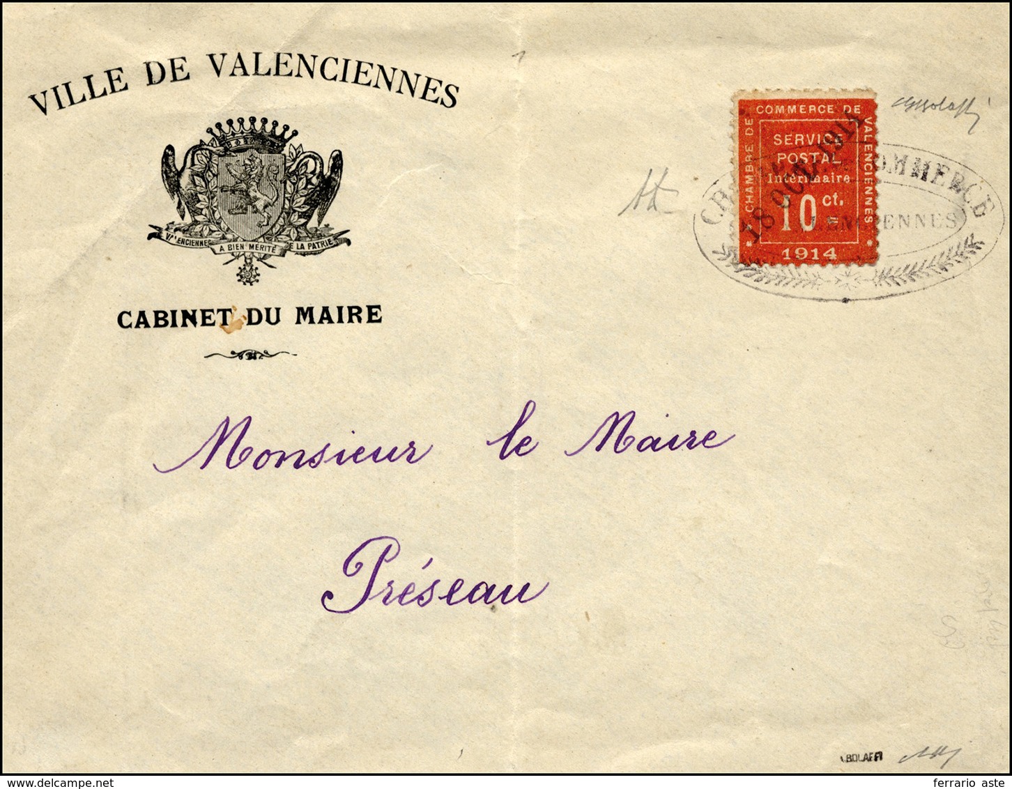 2050 FRANCIA FRANCOBOLLI DI GUERRA 1914 - 10 Cent. Rosso VALENCIENNES (1), Perfetto, Su Busta Del 18/10/1... - Europe (Other)