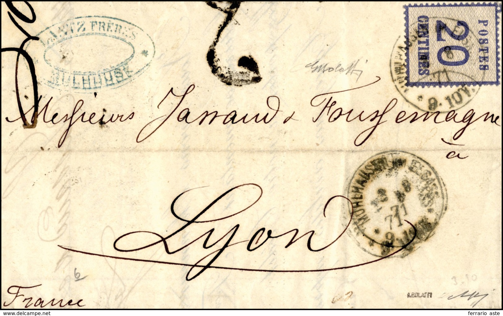 2053 FRANCIA OCC. TEDESCA ALSAZIA E LORENA 1871 - 20 Cent. (6), Perfetto Su Lettera Da Muhlhausen Im Elsa... - Europe (Other)