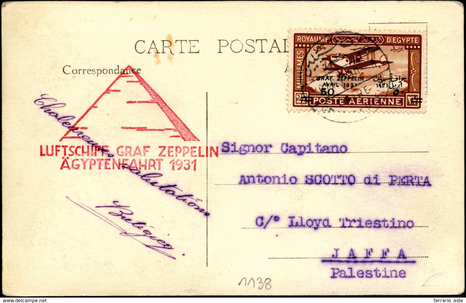 2168 EGITTO POSTA AEREA 1931 - 50 Pi. Soprastampato Zeppelin, Perfetto, Su Cartolina Da Il Cairo 10/4/193... - Andere & Zonder Classificatie