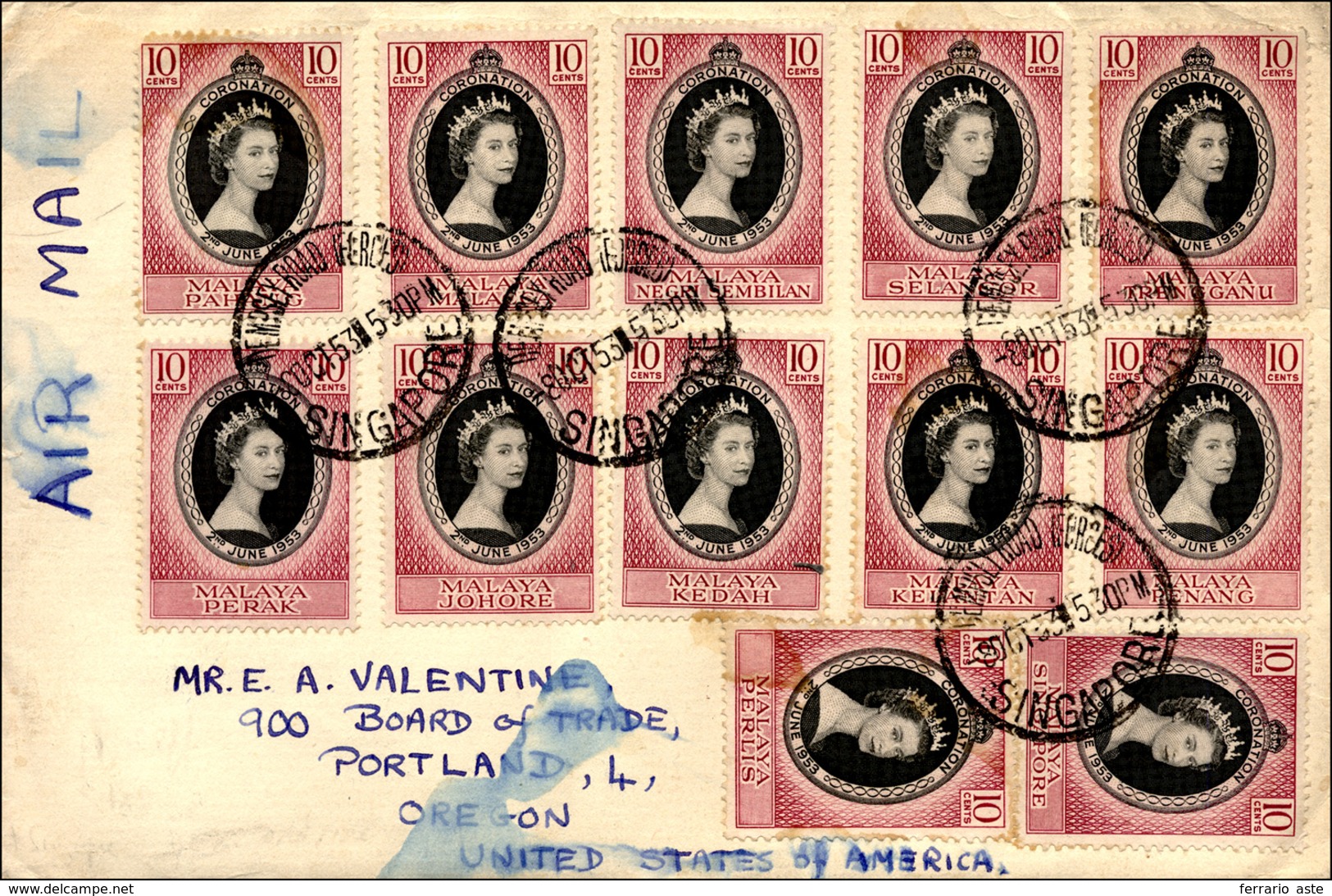 2172 MALESIA 1953 - 10 Cent. Coronation, Giro Completo Di 12 Stati, Su Busta Da Singapore 8/10/1953 Per G... - Other & Unclassified