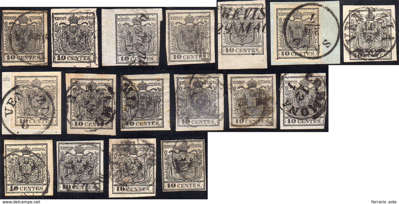 2179 LOMBARDO VENETO 1850/57 - 10 Cent., 13 Esemplari Carta A Mano E 4 Carta A Macchina (4,19), Usati O S... - Otros & Sin Clasificación