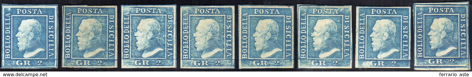 2208 SICILIA 1859 - 2 Grana Azzurro, Otto Esemplari Con Gomma Originale Delle Tre Tavole, Buona Varietà D... - Andere & Zonder Classificatie