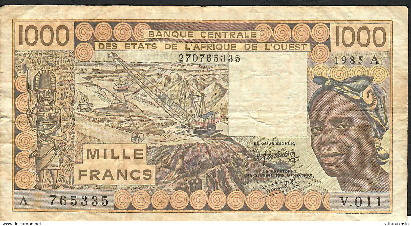 W.A.S. IVORY COAST P107Af 1000 FRANCS 1985 VF NO P.h. ! - États D'Afrique De L'Ouest