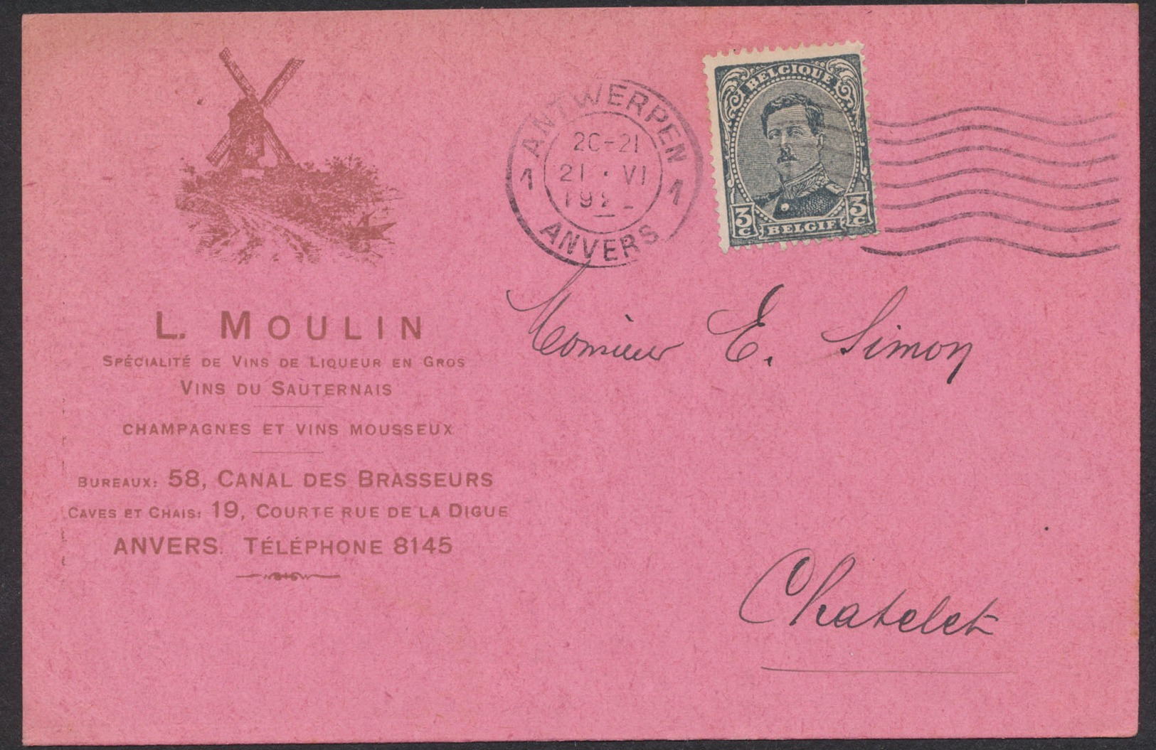 Imprimé Belge PUB "L.Moulin - Spécialité De Vins Et De Liqueur En Gros" / Tarification Des Vins Au Verso, émission 1915 - Publicités