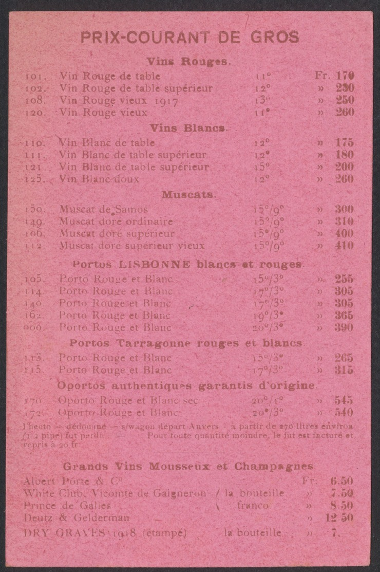 Imprimé Belge PUB "L.Moulin - Spécialité De Vins Et De Liqueur En Gros" / Tarification Des Vins Au Verso, émission 1915 - Publicités