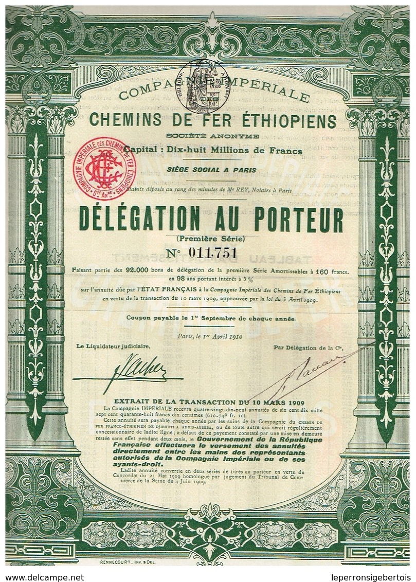 Action Ancienne - Compagnie Impériale Des Chemins De Fer Ethiopiens - Bon De Délégation De 1910 - Ferrovie & Tranvie