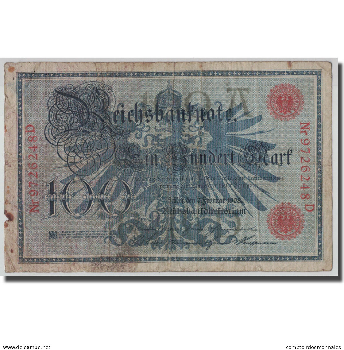 Billet, Allemagne, 100 Mark, 1908, 1908-02-07, KM:33a, B+ - 100 Mark