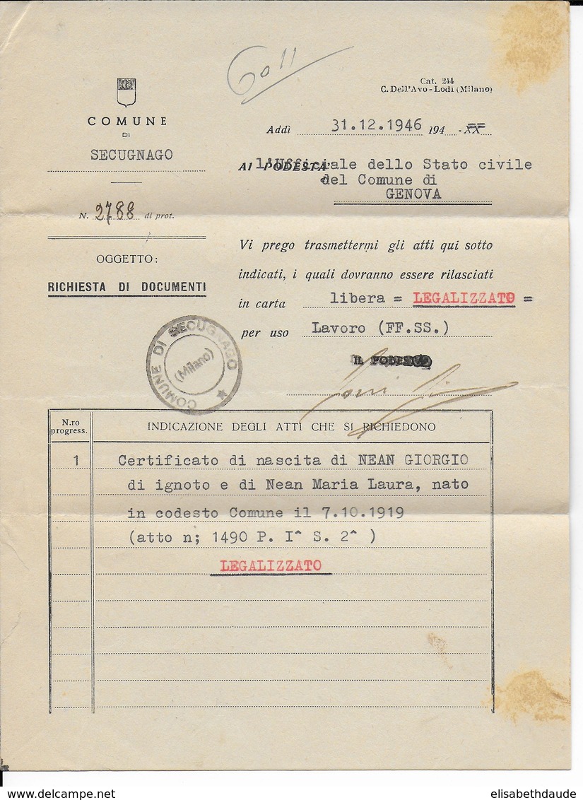 ITALIE - 1947 - ENVELOPPE De La COMMUNE De SECUGNAGO => GENOVA - Marcophilie