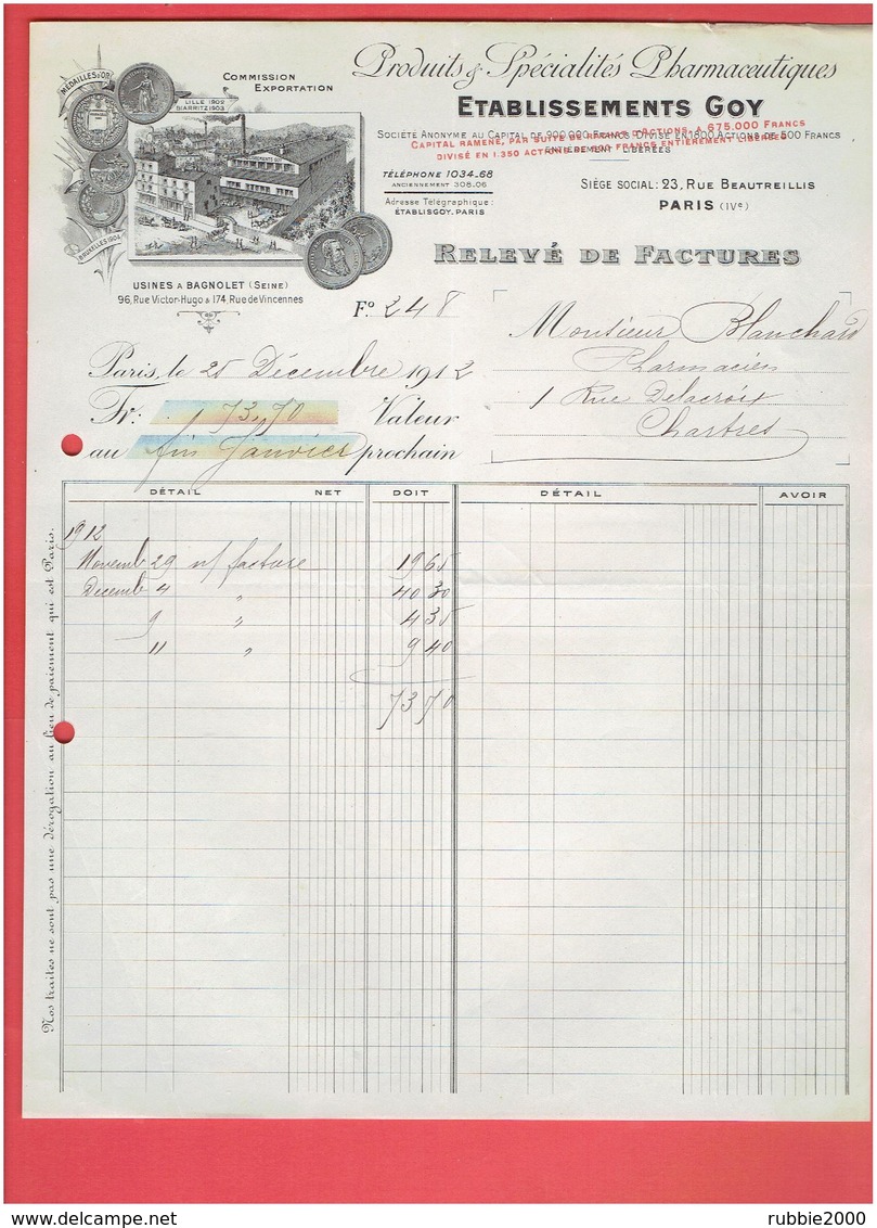 ETABLISSEMENTS GOY 1912 PRODUITS DE PHARMACIE USINES A BAGNOLET SEINE SAINT DENIS SIEGE 23 RUE BEAUTREILLIS A PARIS 4 - Droguerie & Parfumerie