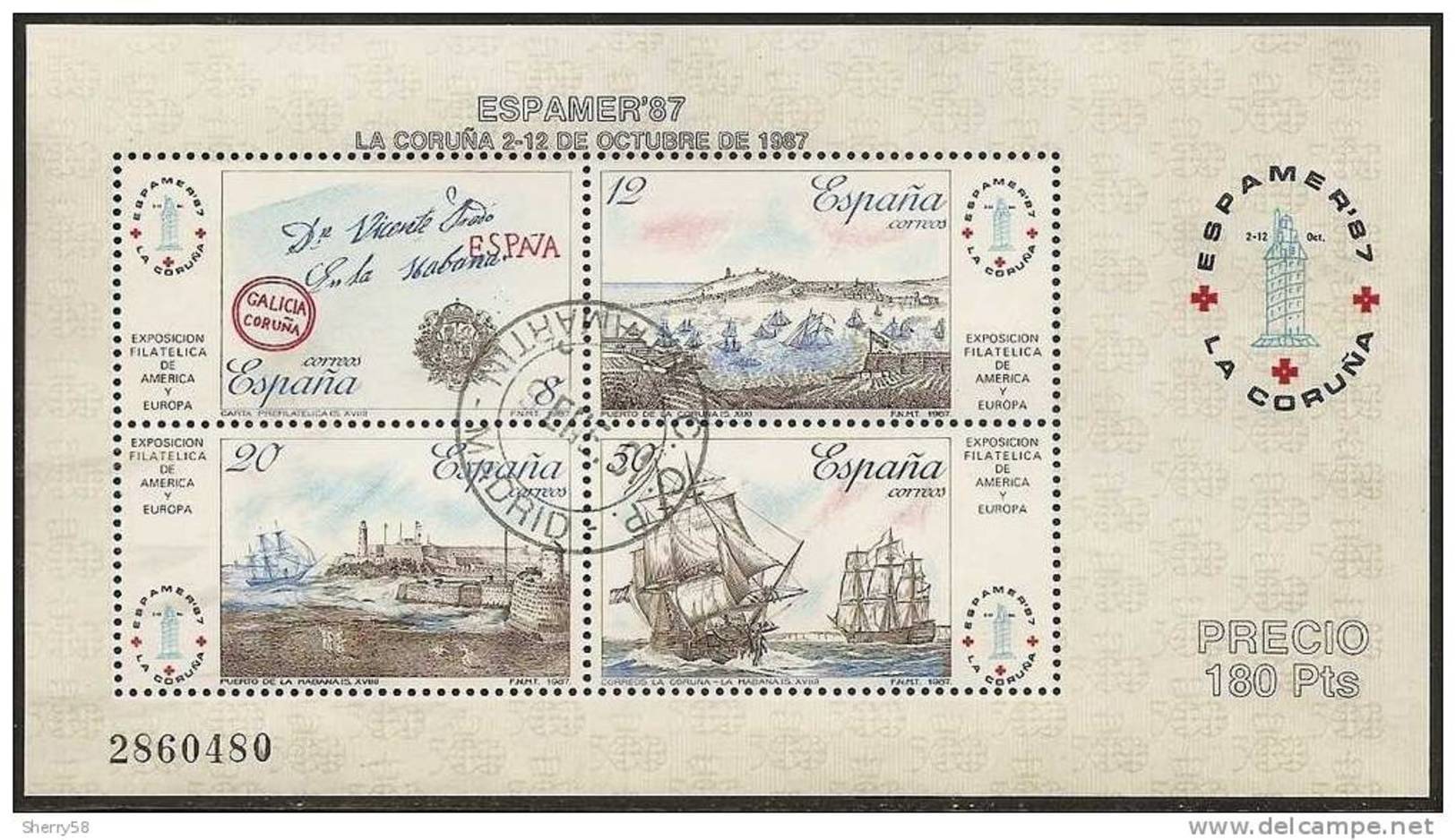 1987-ED. 2916 H.B.-EXPAMER'87-PUERTOS LACORUÑA-LA HABANA,CORREO DE INDIAS-USADO - Usados