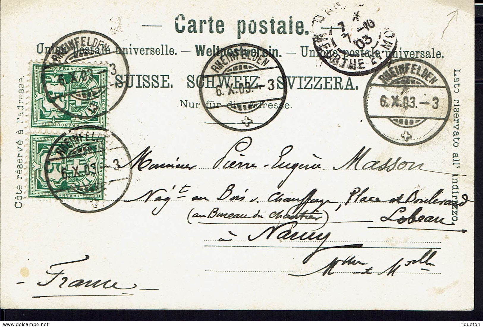 SUISSE - 1903 - Paire N° 66, Correspondance De Rheinfelden Vers Nancy, Sur CPA "Gruss Aus Rheinfelden, Ensel" B/TB - - Briefe U. Dokumente