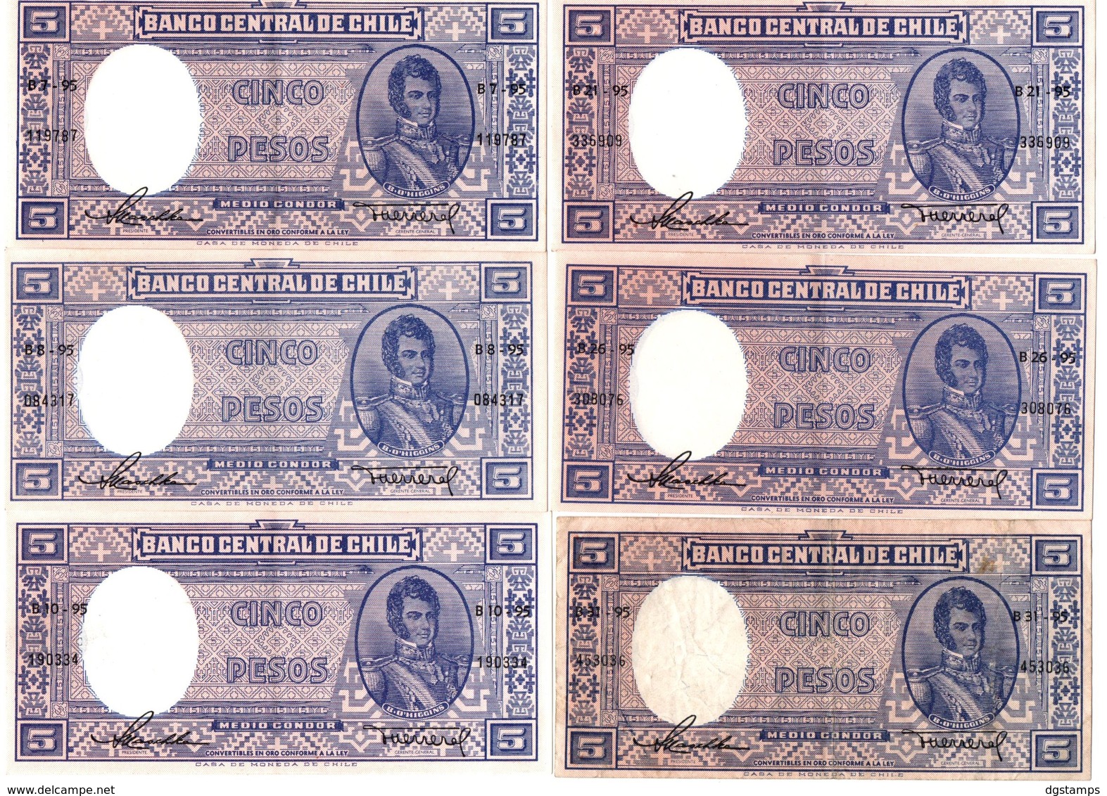 Chile  (1958-59) 5 Pesos = 1/2 Cóndor. VF-XF. 7 Piezas SERIES B#7/35. Tonos De Color. - Chile