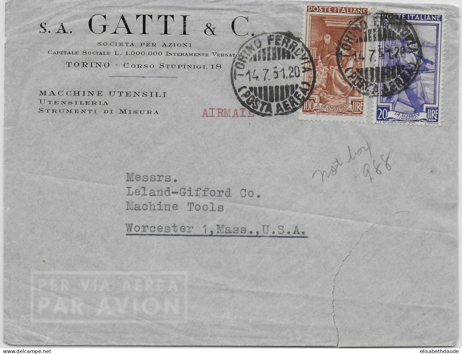 ITALIE - 1951 - ENVELOPPE De TORINO POSTE AERIENNE => WORCESTER (USA) - 1946-60: Marcophilie