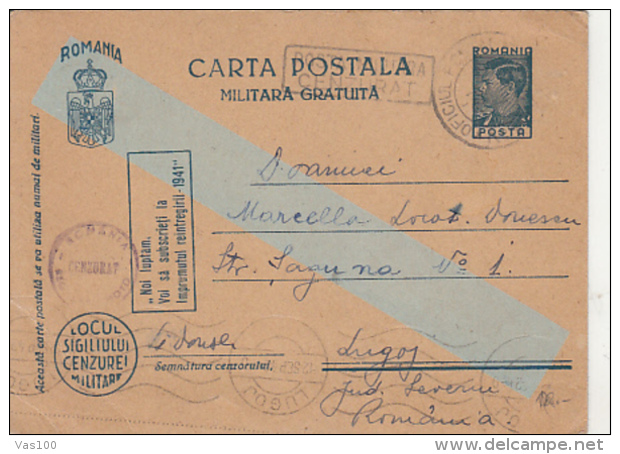 KING MICHAEL, CENSORED WW2, FREE MILITARY PC STATIONERY, ENTIER POSTAL, 1942, ROMANIA - Briefe U. Dokumente