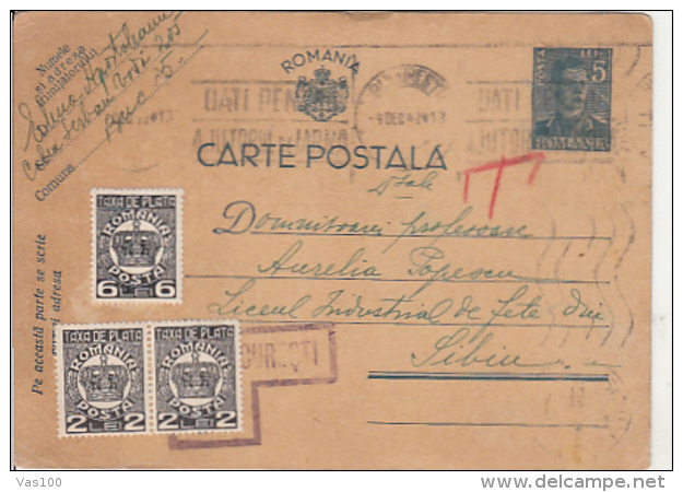 FEE STAMPS, KING MICHAEL, CENSORED BUCHAREST, WW2, PC STATIONERY, ENTIER POSTAL, 1942, ROMANIA - Covers & Documents