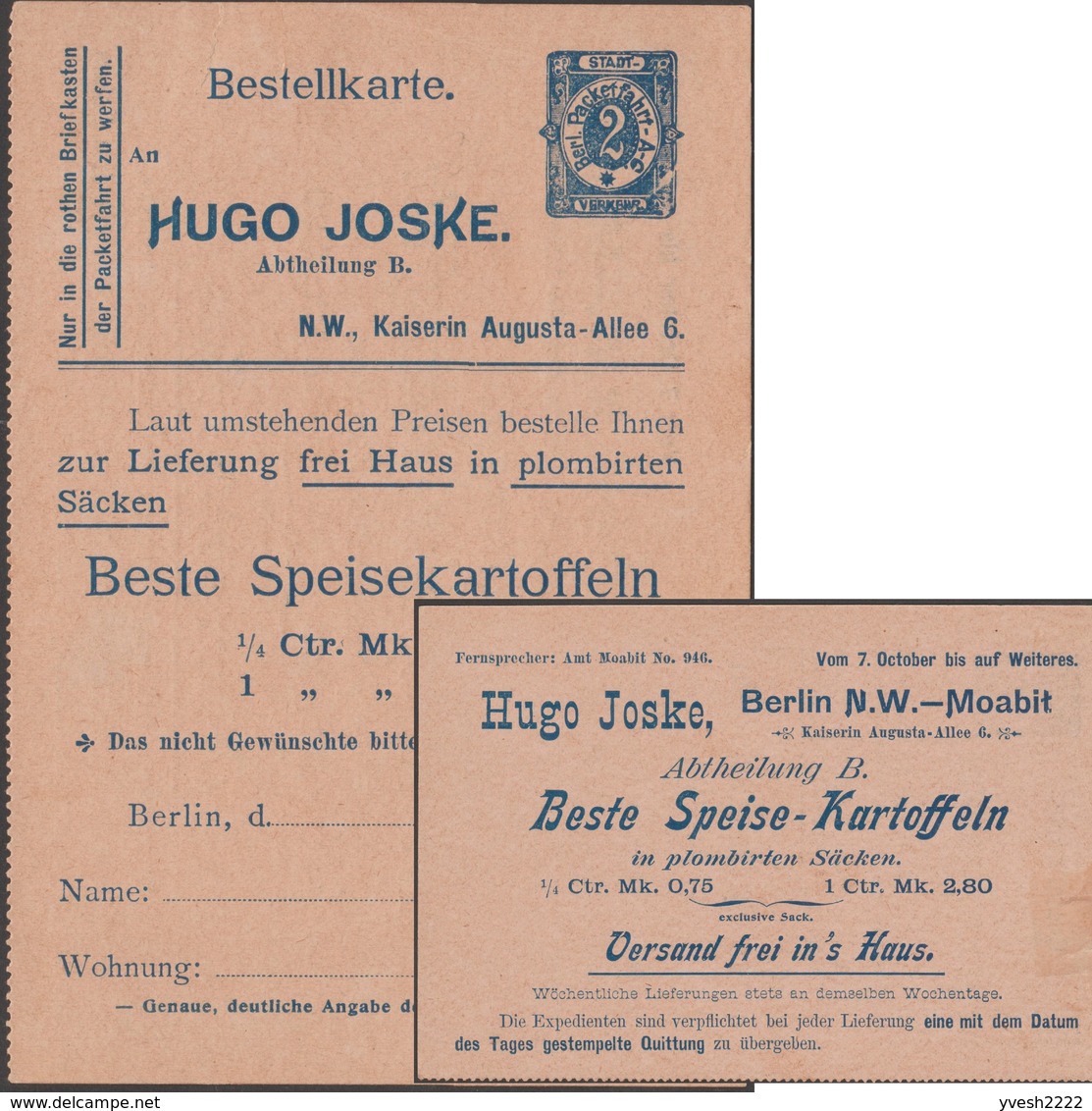 Berlin 1890. Poste Privée, Carte Postale, Entier Postal Timbré Sur Commande. Bon De Commande De Pommes-de-terre - Gemüse
