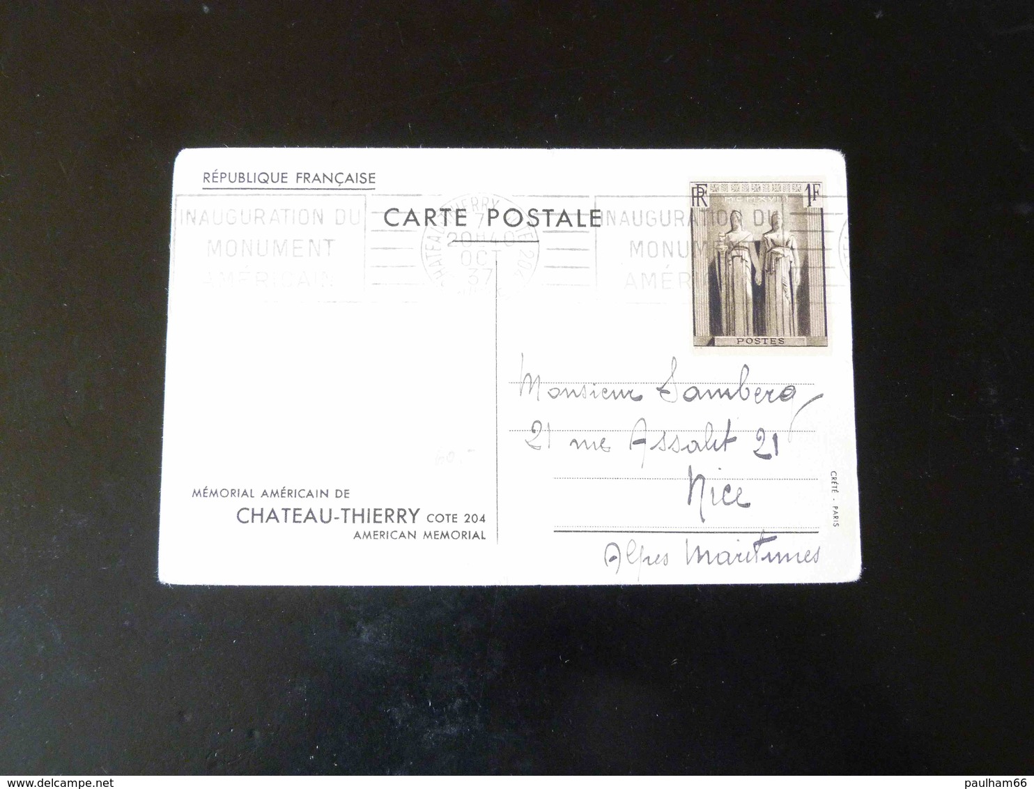 ENTIER POSTAL  1 F    -  SUR CARTE MEMORIAL AMERICAIN DE CHATEAU THIERRY - Cartes Postales Types Et TSC (avant 1995)