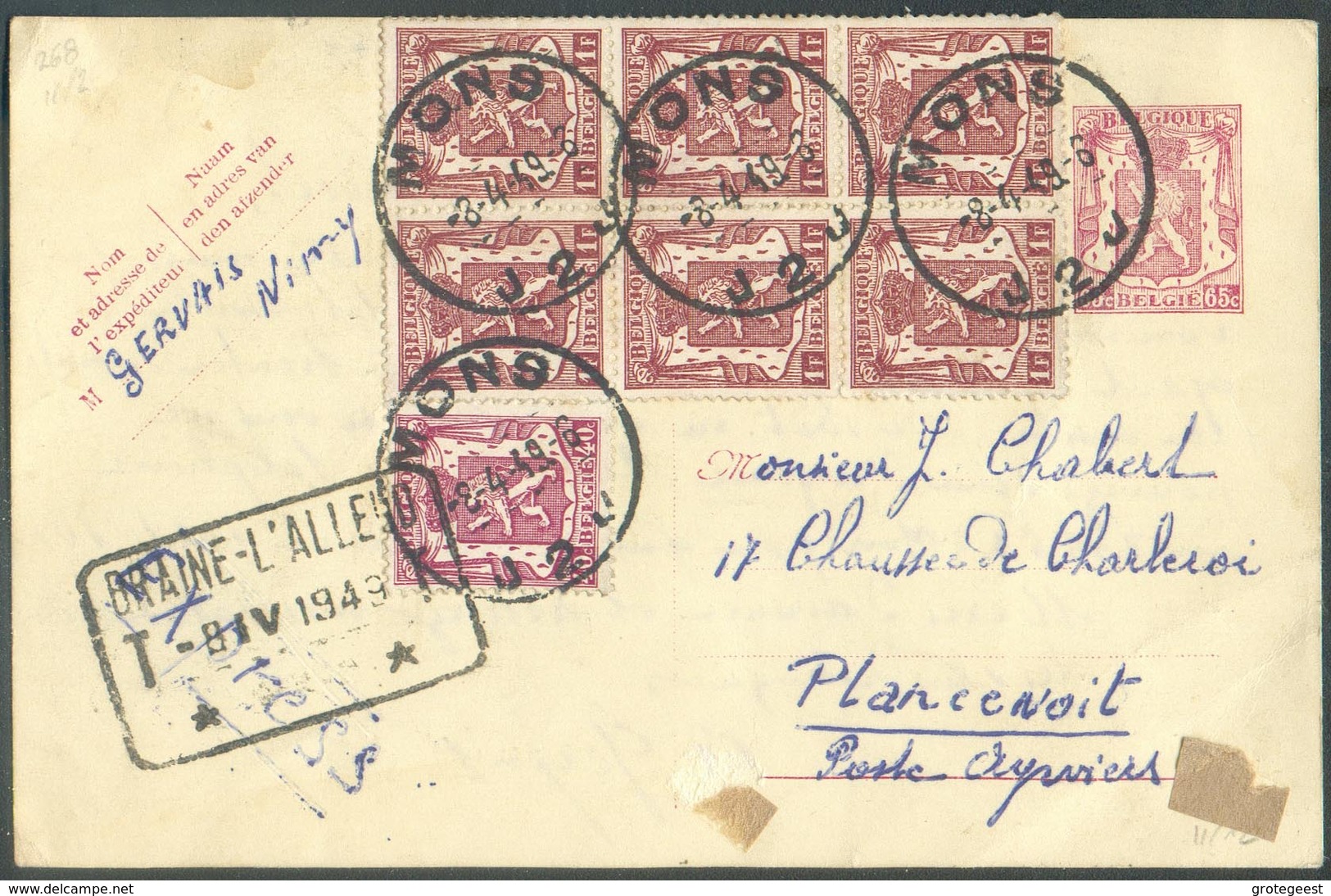 EP Petit Lion Sceau De L'état 65c. + Bloc De 6 Du 1Fr. + 40c.  Obl. Sc MONS Le 8-4-1949 Vers Plancenoit (poste Aywiers) - Cartes Postales 1934-1951