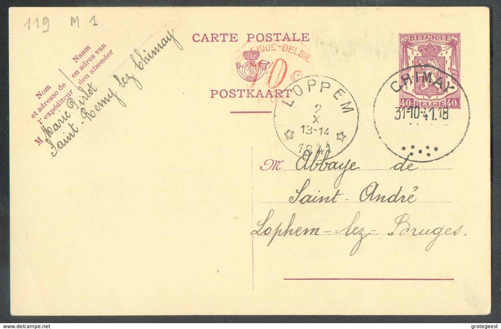 E.P. Carte 40 Centime Obl. Sc CHIMAY 1-10-1941 (expéditeur : Marie Pirlot à Saint-REMY-lez-CHIMAY) Vers L'abbaye De Sain - Tarjetas 1934-1951