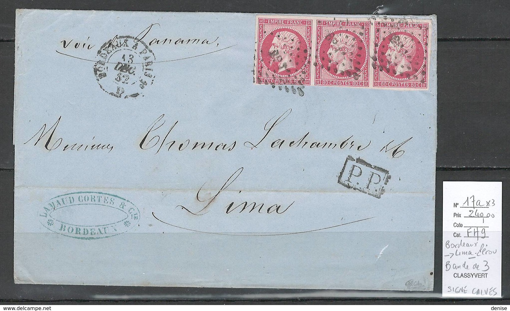 France - Lettre De Bordeaux Pour Lima - PEROU - SIGNEE CALVES - 1862 - - 1849-1876: Période Classique