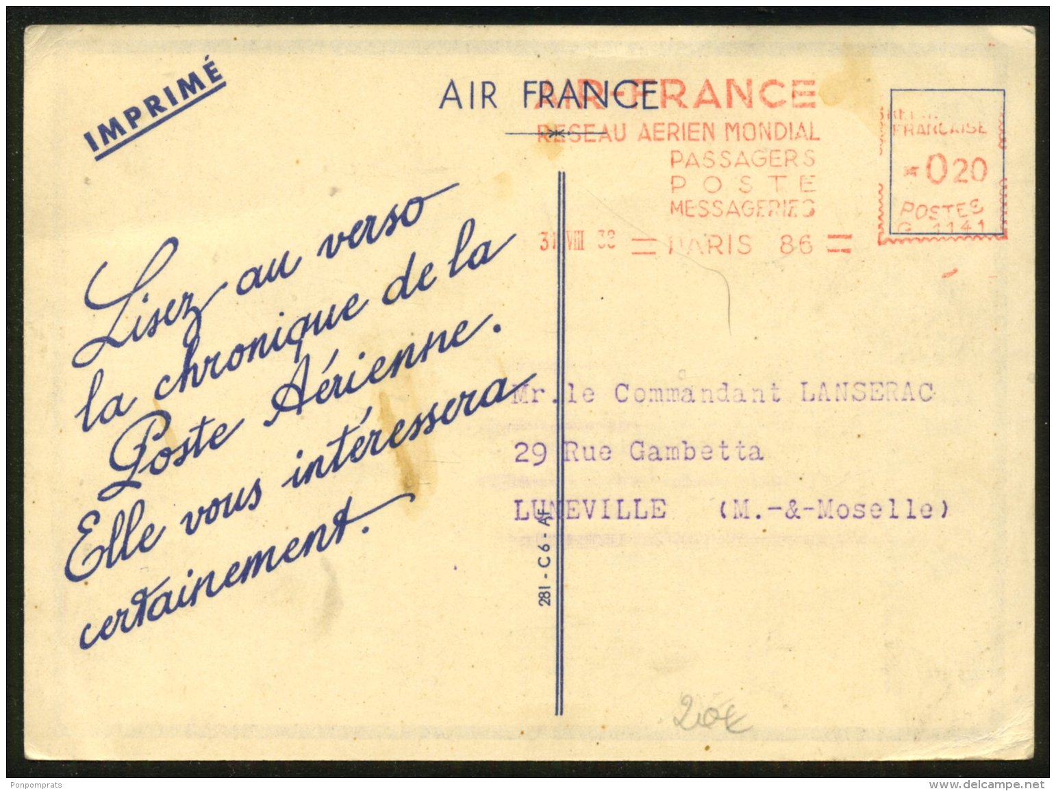 Carte Publicitaire Air France Affranchie Par EMA 1938 - 1960-.... Lettres & Documents