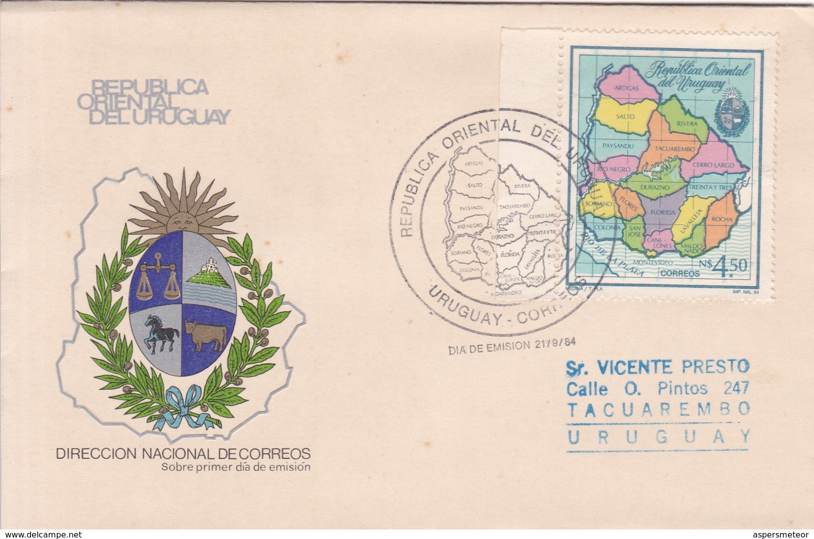 FDC. REPUBLICA ORIENTAL DEL URUGUAY. OBLITERE 1984. AVEC BORD DU PLAQUE - BLEUP - Uruguay