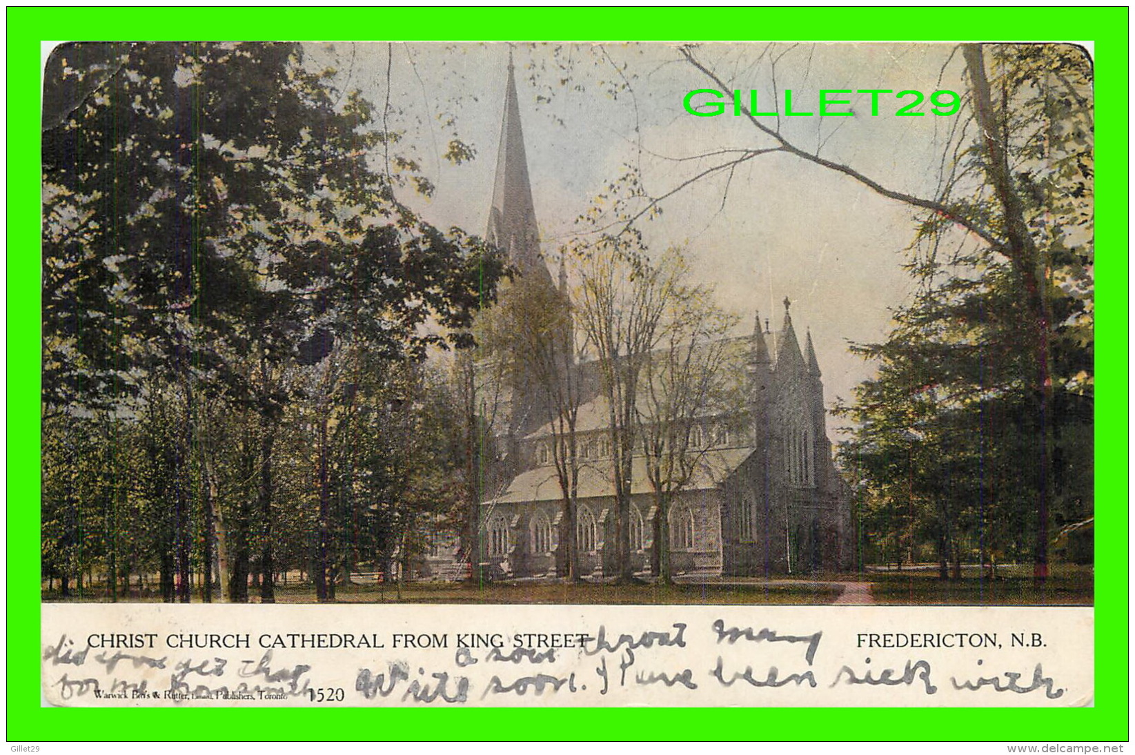 FREDERICTON, NB - CHRIST CHURCH CATHEDRAL FROM KING STREET - TRAVEL IN 1906 - CANADIAN SOUVENIR POST CARD - WARWIC BROS - Fredericton