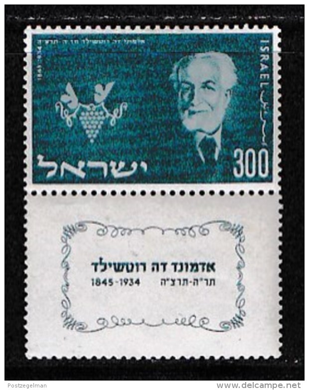 ISRAEL, 1954, Mint Never Hinged Stamp(s), Death Of Rothchild,  SG 100,  Scan 17019,  With Tab(s) - Ungebraucht (mit Tabs)