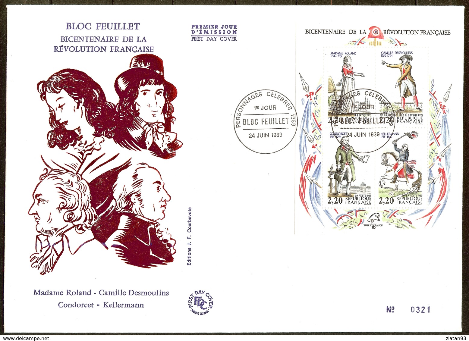 ENVELOPPE BICENTENAIRE DE LA REVOLUTION FRANCAISE Avec BLOC N°10 Oblitéré 1er JOUR - 1980-1989