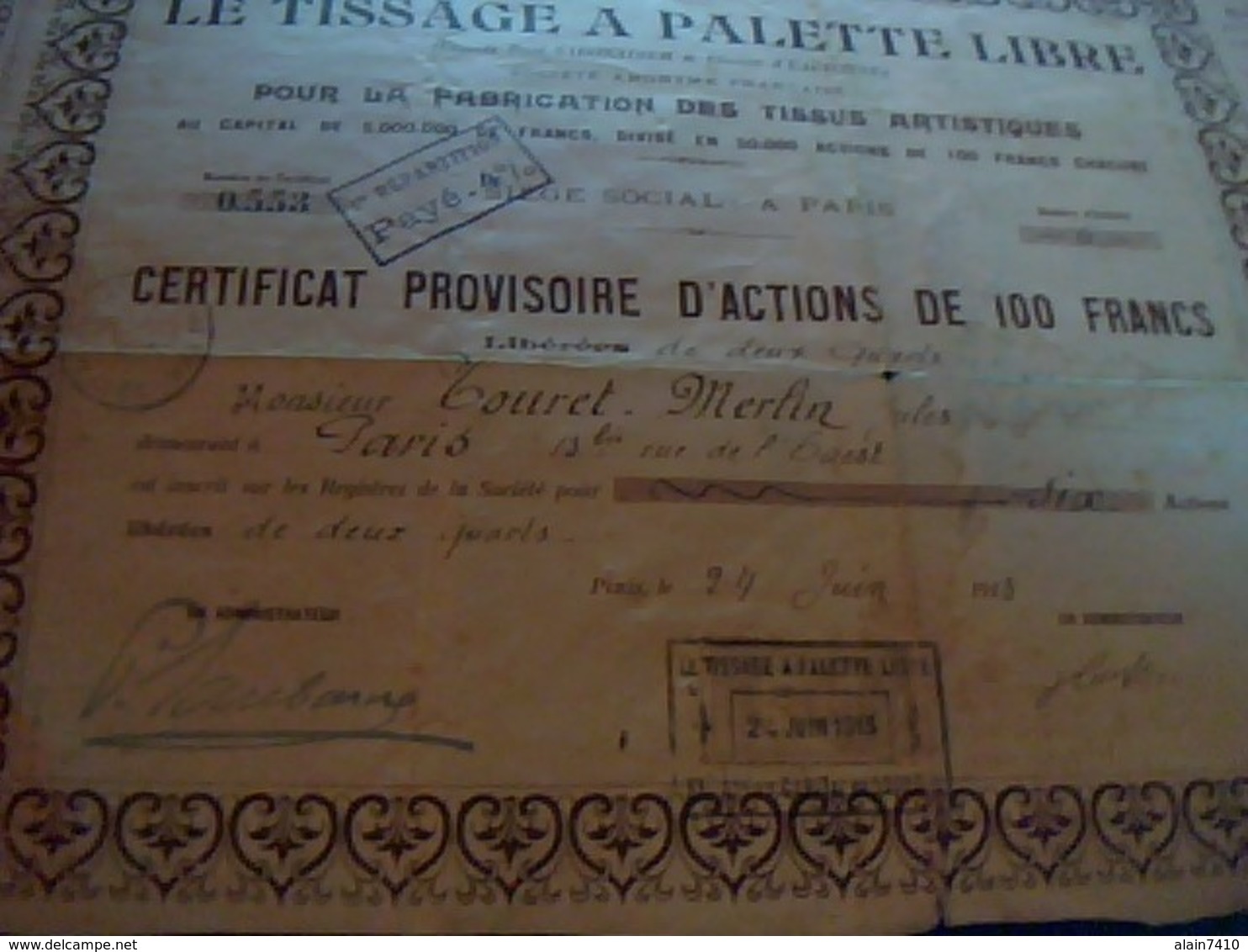 Vieux Papier  Action  Société  Le  Tissage  A Palette Libre Certificat Provisoire D Actions  De 100 Francs Annee D1913 - Textile