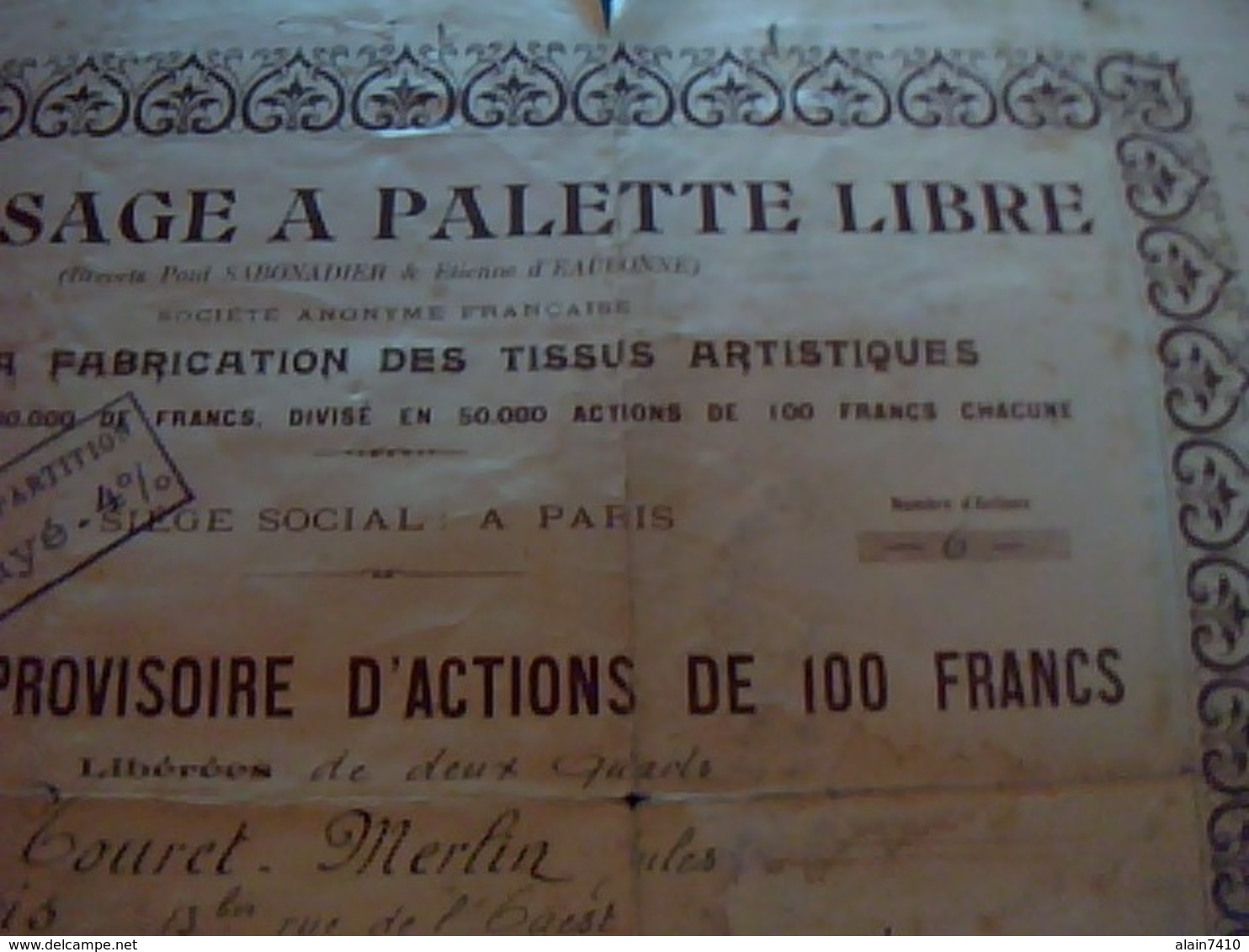 Vieux Papier  Action  Société  Le  Tissage  A Palette Libre Certificat Provisoire D Actions  De 100 Francs Annee D1913 - Textile