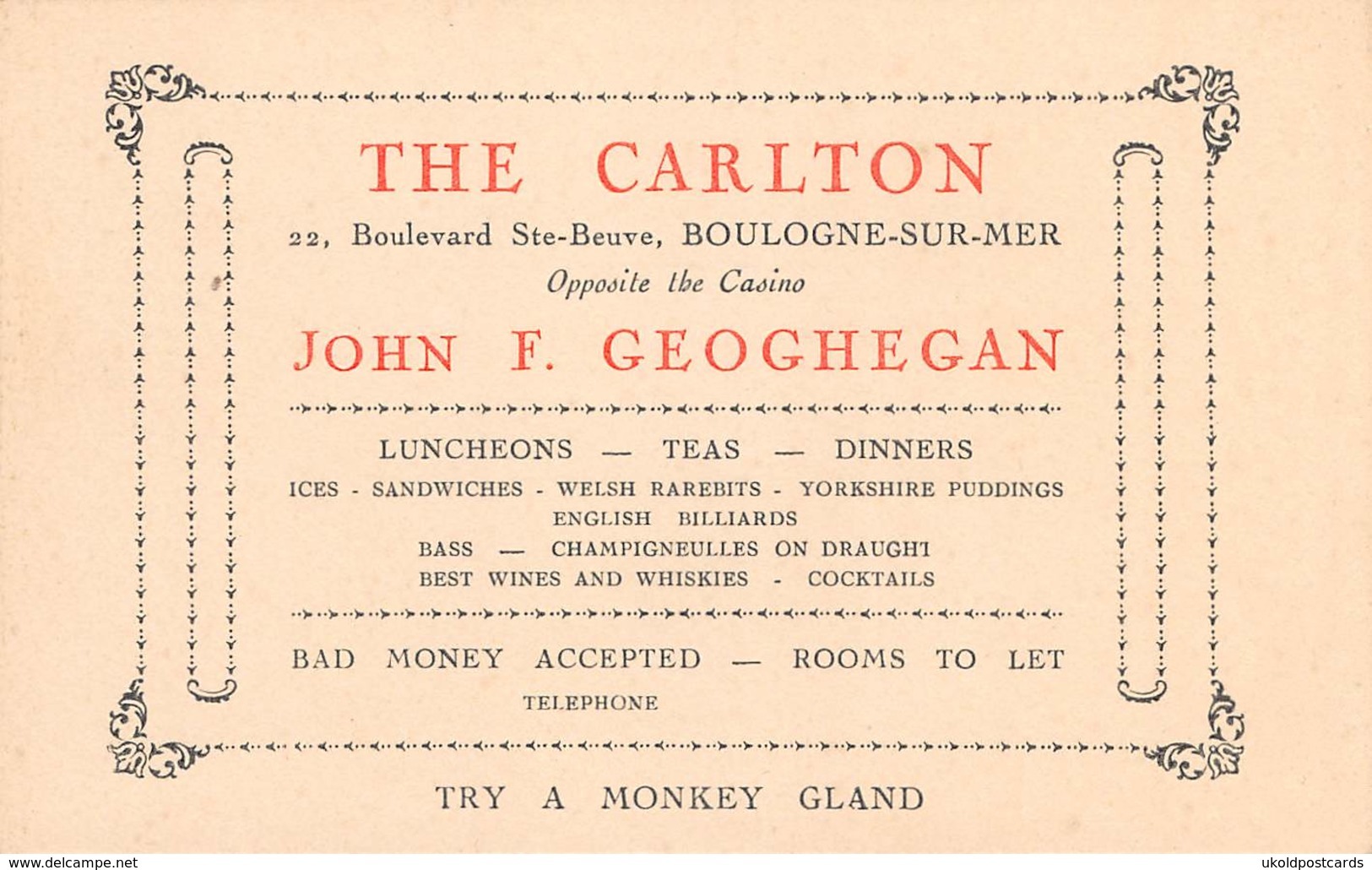 62 BOULOGNE Sur MER - Carte Publicitaire, THE CARLTON, John Geoghegan, 22 Boulevard Ste Beuve, Boulogne - 12 Cm X 7.5 Cm - Boulogne Sur Mer