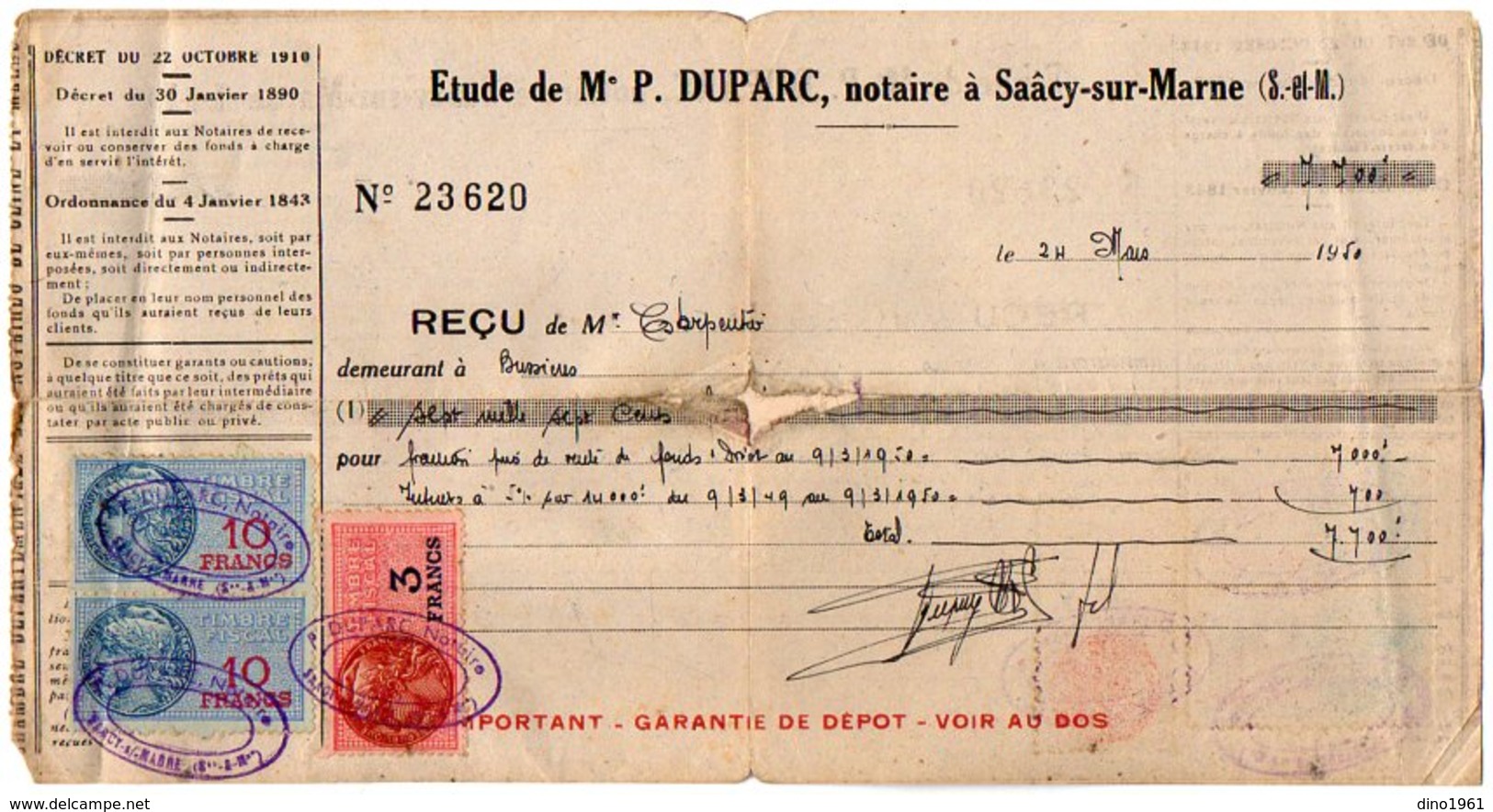 VP12.574 - 1950 - Reçu - Etude De Me P. DUPARC Notaire à SAACY SUR MARNE - Collections