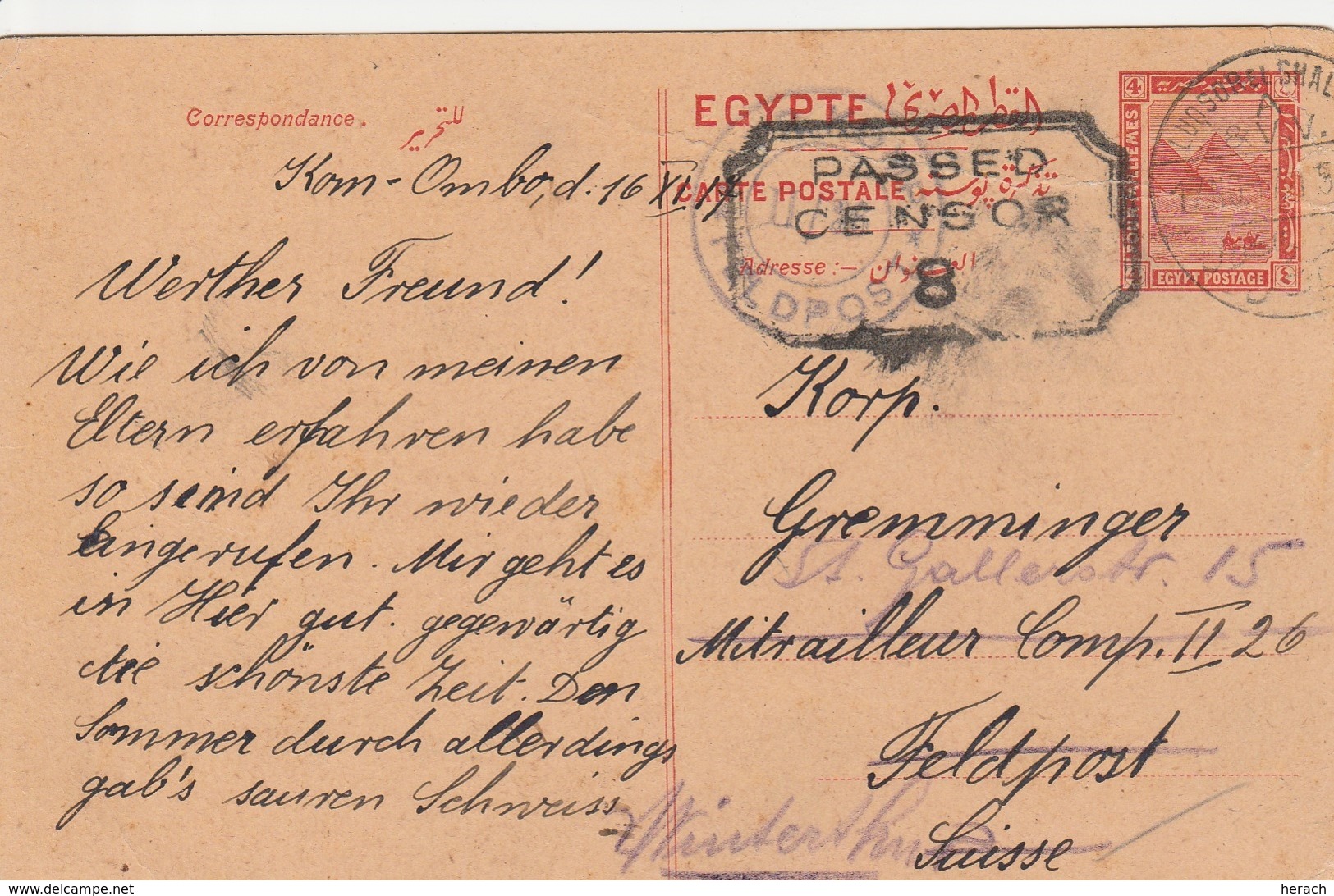 Egypte Entier Postal Pour La Suisse 1917 - 1915-1921 British Protectorate