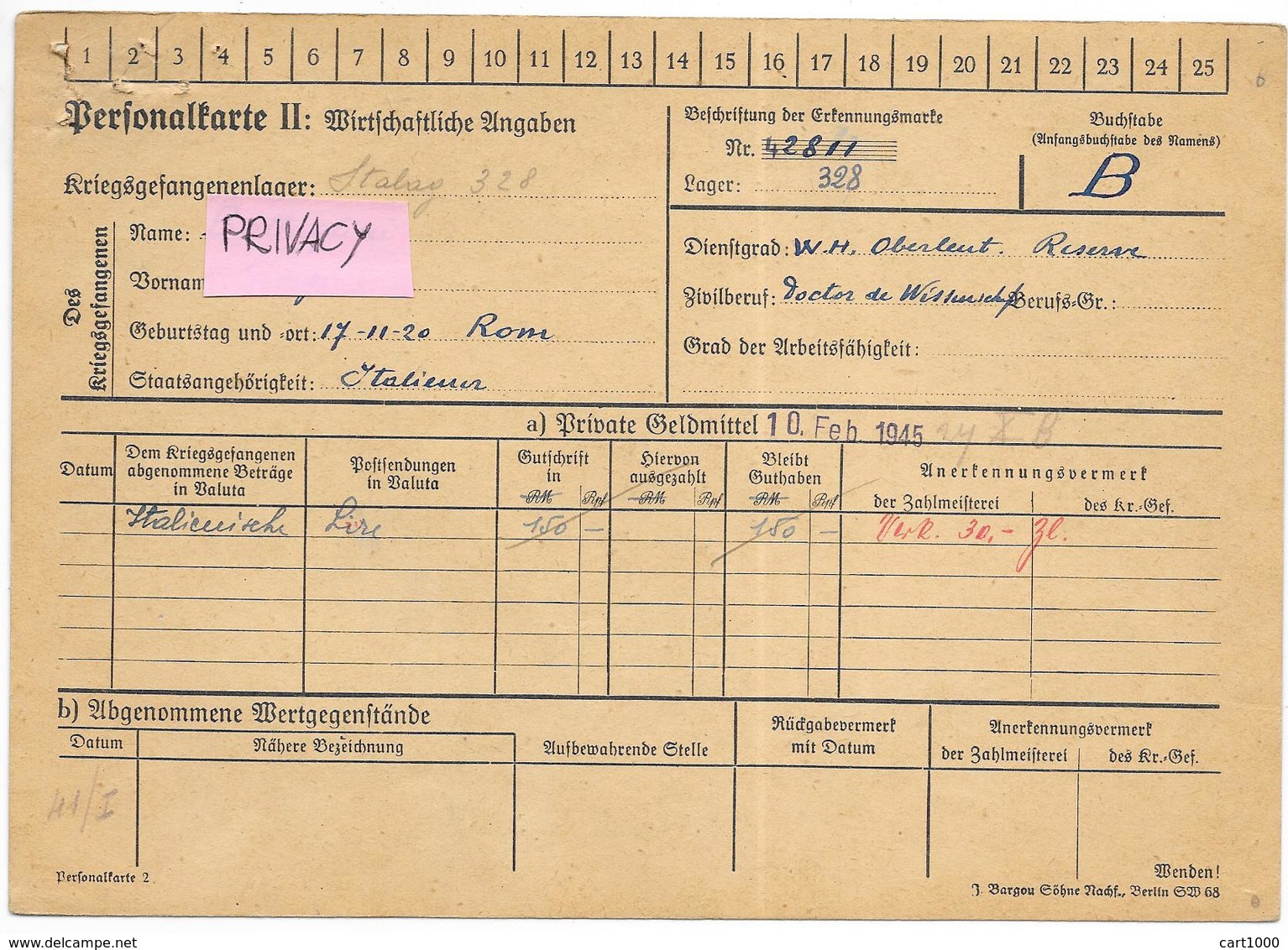 PERSONALKARTE II WIRTSCHASTLICHE ANGABEN LAGER PRIGIONIERI DI GUERRA 1945 - Documenti