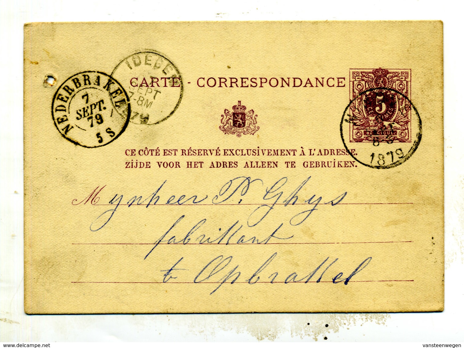Belgique Entier 9 De Ninove Pour Opbrakel Par Idegem - Cartes Postales 1871-1909