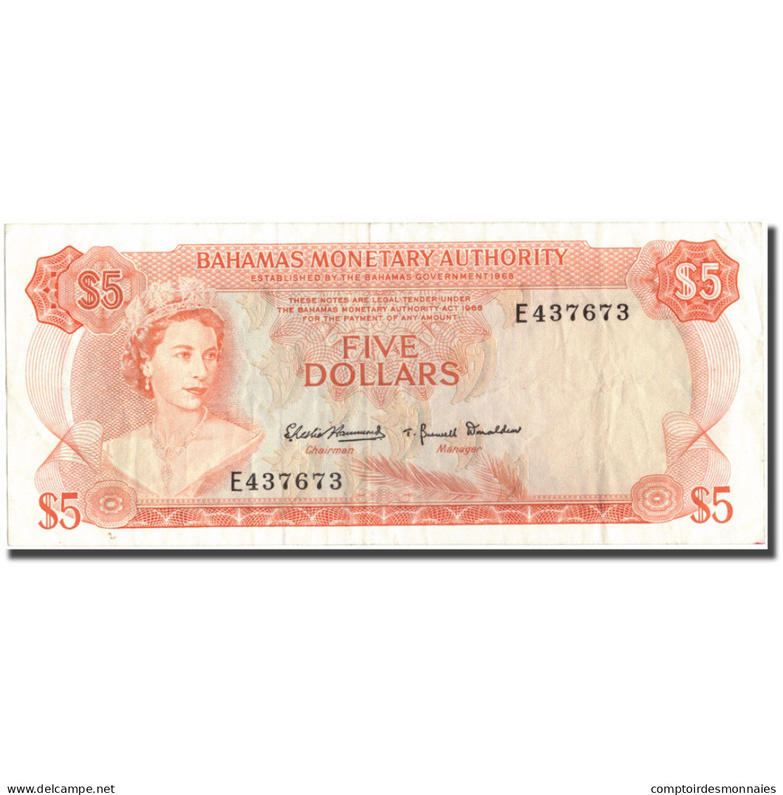 Billet, Bahamas, 5 Dollars, 1968, KM:29a, TTB - Bahamas