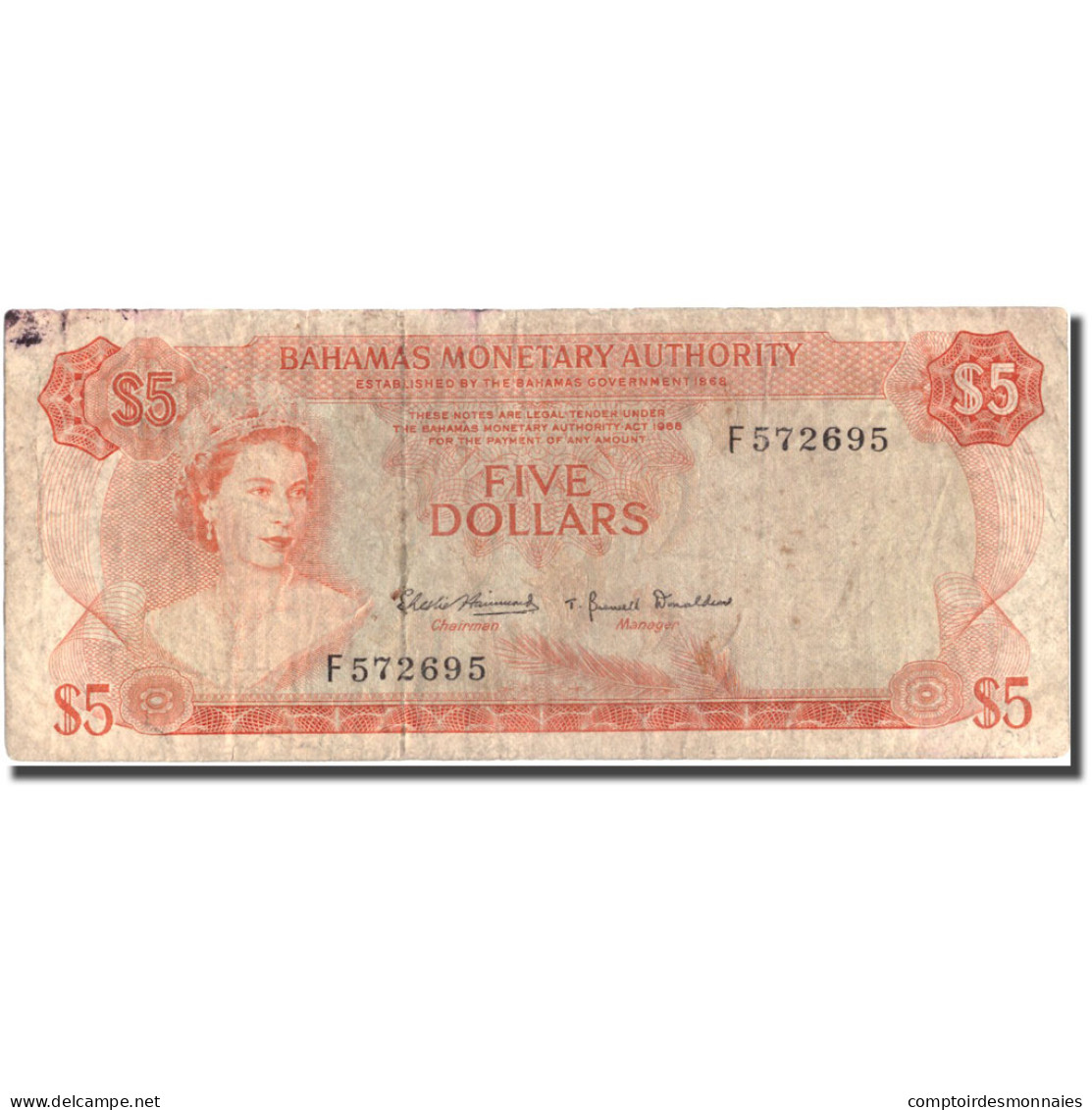 Billet, Bahamas, 5 Dollars, 1968, KM:29a, TB - Bahamas