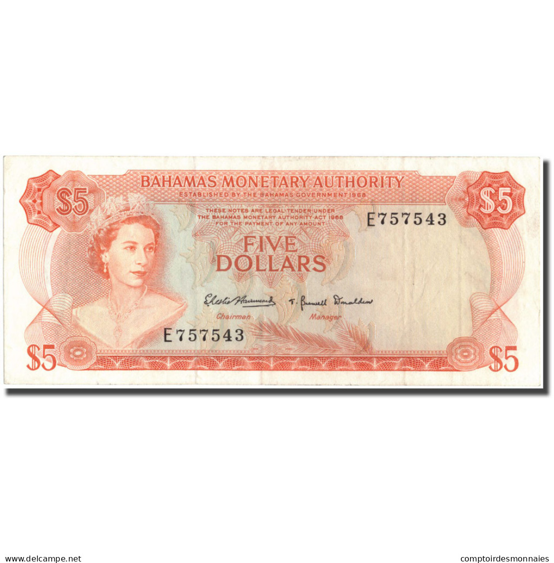 Billet, Bahamas, 5 Dollars, 1968, KM:29a, TTB - Bahamas