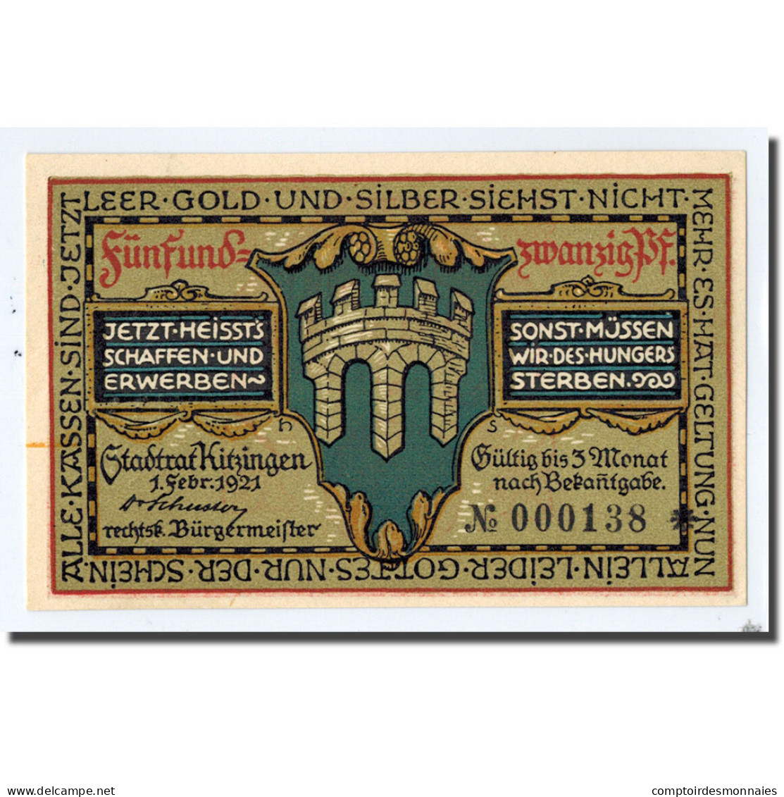 Billet, Allemagne, Kitzingen, 25 Pfennig, Tour, 1921, 1921-02-01, SPL - Other & Unclassified