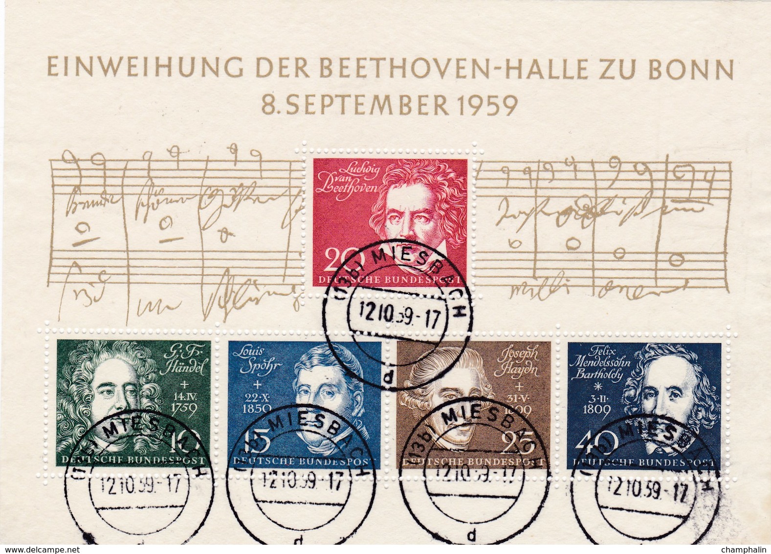 Allemagne - Bloc Feuillet 5 Timbres Einweihung Der Beethoven Halle Zu Bonn 8/09/1959 - YT 188 à 192 - CAD Miesbach - Usados