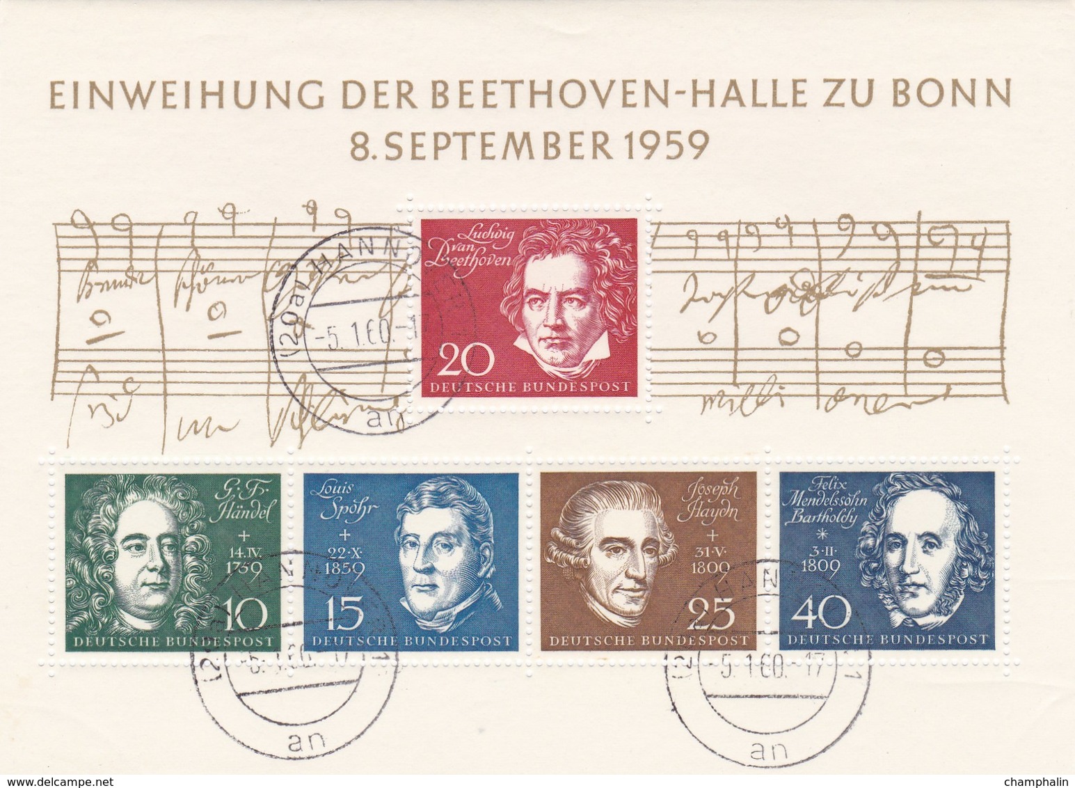 Allemagne - Bloc Feuillet 5 Timbres Einweihung Der Beethoven Halle Zu Bonn 8/09/1959 - YT 188 à 192 - CAD Hannover - Used Stamps