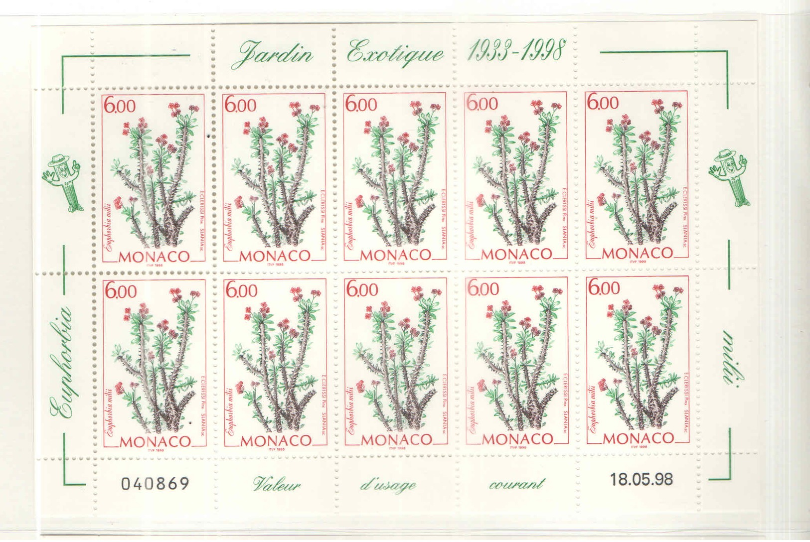 Monaco PO 1998 Piante Cactus Giardino Esotico   Blocco Da 10 Scott.2088+ See Scan On Marini Album - Unused Stamps