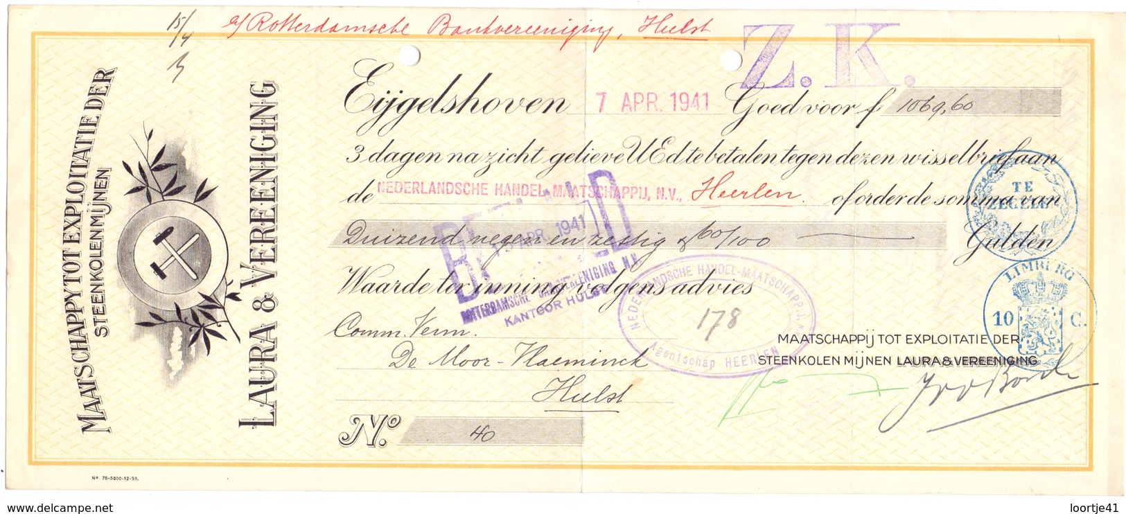 Wissel - Reçu - Steenkoolmijnen Laura & Vereeniging - Eijgelshoven - Heerlen - Hulst 1941 - Lettres De Change